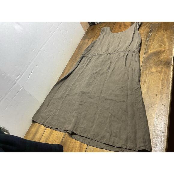 FLAX Women’s Size Large Brown Linen Cinch Waist Bib Dress Minimalist - Picture 8 of 9